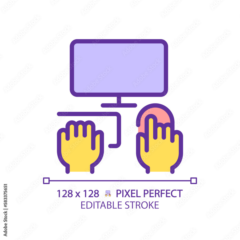 Poster yellow hands with computer rgb color icon. person working on pc. electronic equipment for work and h