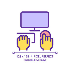 Yellow hands with computer RGB color icon. Person working on PC. Electronic equipment for work and hobby. Typing on keyboard. Isolated vector illustration. Simple filled line drawing