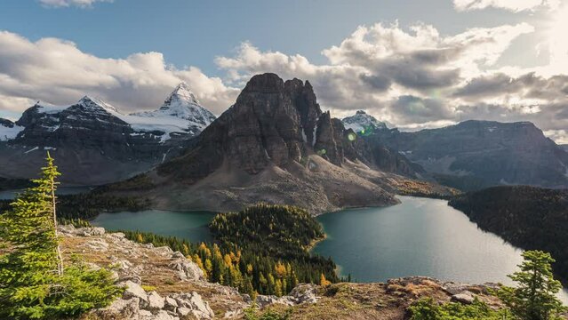 Scenery of Mount Assiniboine with Sunburst Lake and Cerulean Lake in autumn forest on Niblet viewpoint in Assiniboine provincial park