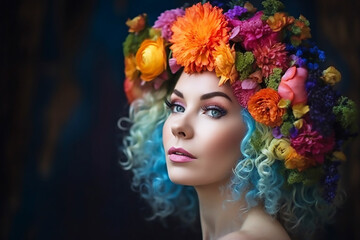 Beauty, summer model girl with a bright floral wreath and multi-colored hair, flower hairstyle with blooming flowers on head. Bright fashionable make-up. generative AI 