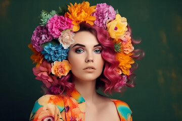 Beauty, summer model girl with a bright floral wreath and multi-colored hair, flower hairstyle with blooming flowers on head. Bright fashionable make-up. generative AI 