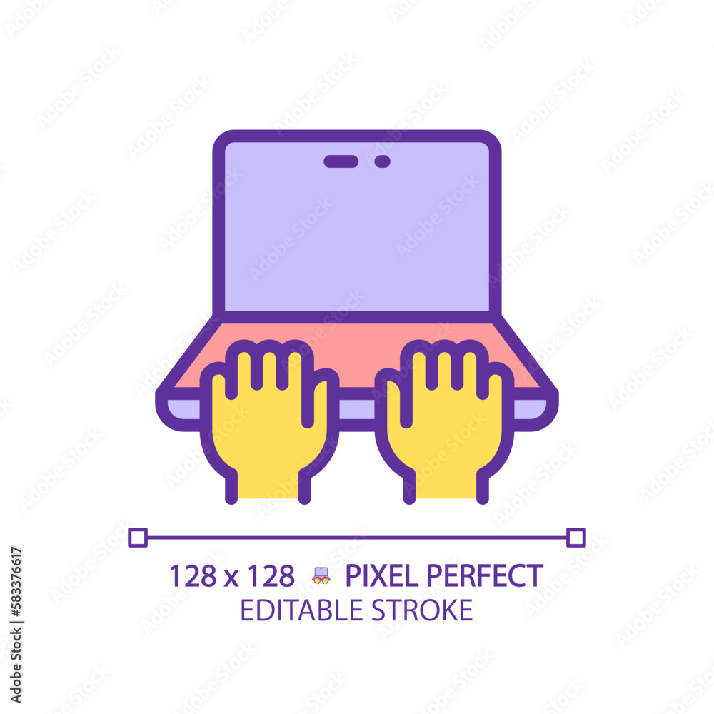 Poster yellow hands with laptop rgb color icon. person working on notebook computer. typing on pc keyboard.