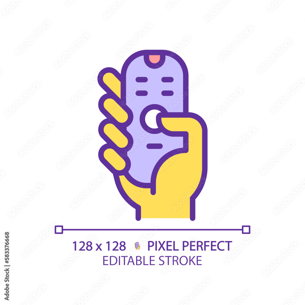 Poster yellow hand with remote control rgb color icon. digital device with tv channels switching. contactle