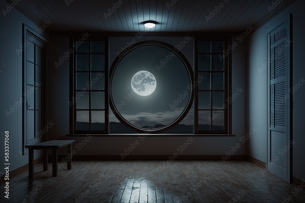 Canvas Prints empty room with view of the night sky, featuring a full moon and twinkling stars, created with generative ai