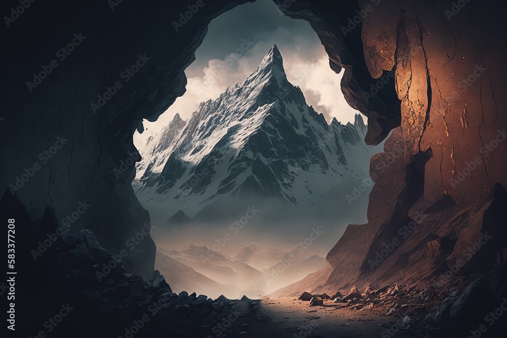 Poster action-packed mountainous adventure with a guy at its center generative ai