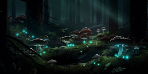 Mystery dark forest with glowing mushrooms on the ground. Generative AI image