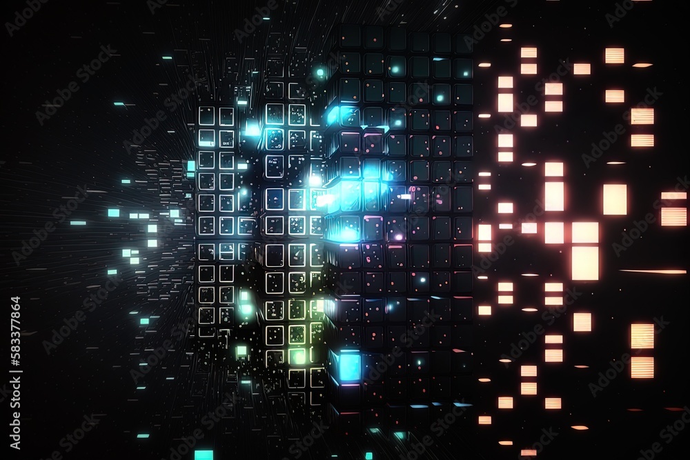 Poster a rapid-fire starry sequence with neon code blocks as highlights generative ai