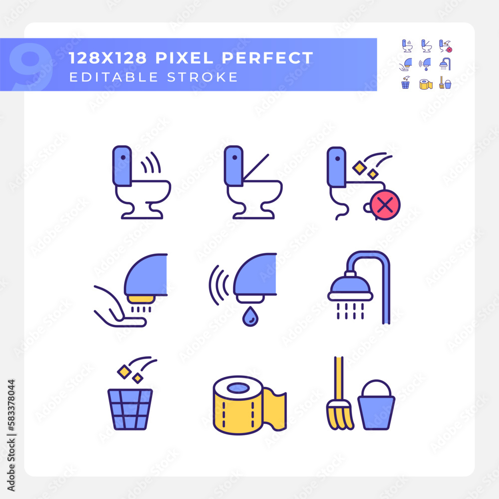 Poster public toilets service pixel perfect rgb color icons set. restrooms using rules. conveniences for gu