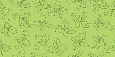 Seamless pattern of mint leaf icon. Isolated illustration of a mint leaf icon in linear style on a green background. © OLiAN_ART