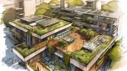 Sketch of sustainable urban architecture, featuring green roofs and solar panels. Eco friendly design, energy efficiency, carbon neutral buildings, and biophilic elements for smart city. Generative AI