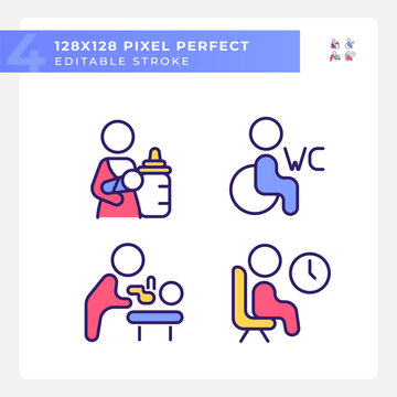 Rooms for baby care and rest pixel perfect RGB color icons set. WC for disabled visitors. Place to rest. Isolated vector illustrations. Simple filled line drawings collection. Editable stroke