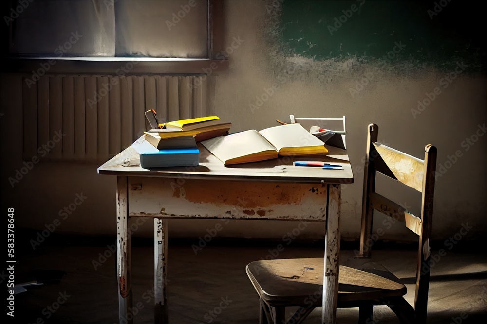 Sticker empty school classroom with books on the desk and pens on the table, ready for learning, created with generative ai