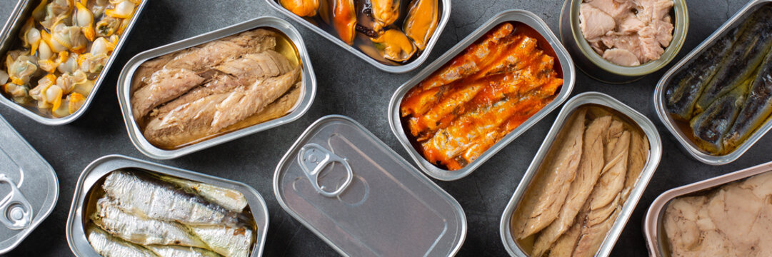 Assortment Of Tinned Fish, Canned Food Ready For Date Night