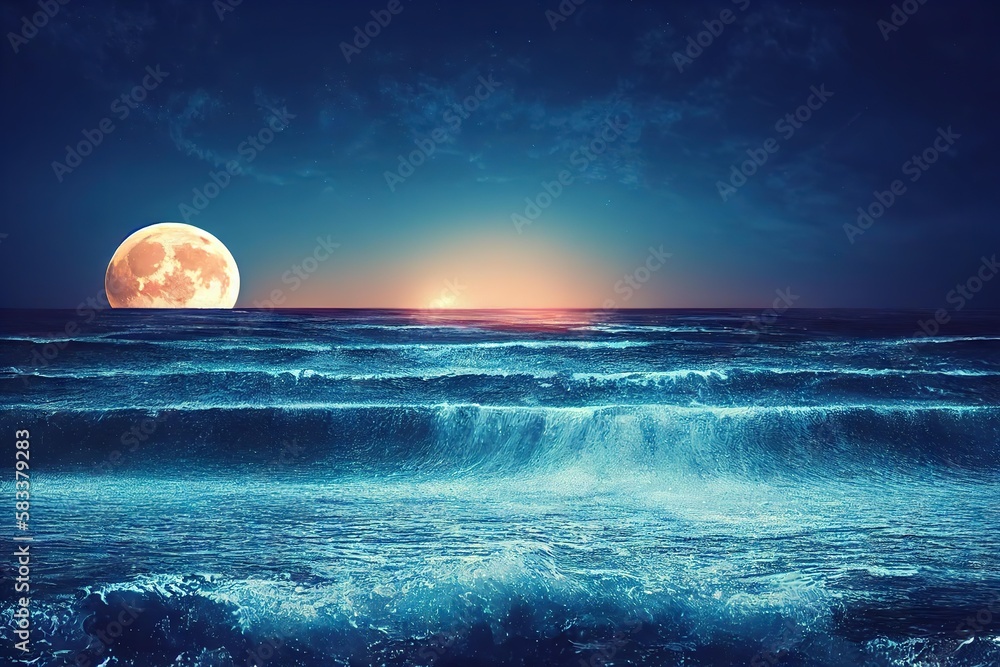 Canvas Prints bright blue wave cover with moon in background., created with generative ai