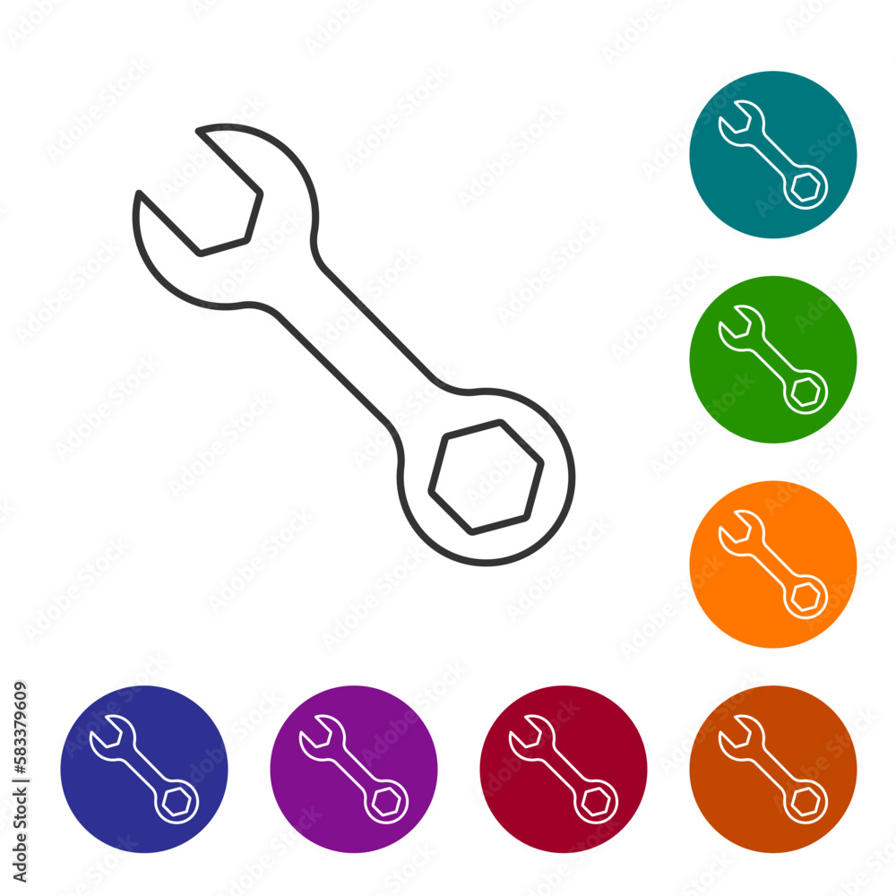 Poster black line wrench spanner icon isolated on white background. set icons in color circle buttons. vect