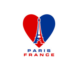 Paris Eiffel tower and heart of France flag, French love vector icon. France travel, city tour or tourism art symbol of Eiffel tower landmark in heart love silhouette, French fashion print for shirt