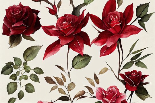 Blossoming red roses watercolor illustration on the beige background. Flowers with stem and leaves., created with generative ai