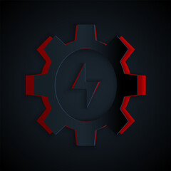 Paper cut Gear and lightning icon isolated on black background. Electric power. Lightning bolt sign. Paper art style. Vector