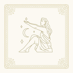 Fototapeta na wymiar Virgo woman goddess zodiac line art deco antique frame vintage card design vector illustration