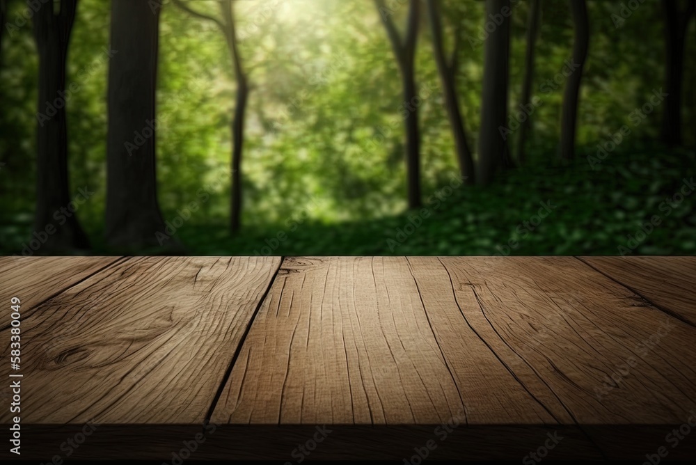 Poster tabletop is empty wood set against a leafy woodland backdrop for use as copy space. generative ai
