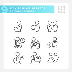 Fototapeta premium Public toilet rooms signs pixel perfect linear icons set. Hygiene in restrooms. Private place for guests. Customizable thin line symbols. Isolated vector outline illustrations. Editable stroke