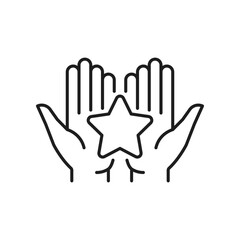 Star in hand, review outline icon. Vector gold positive customer experience, online feedback, hand holding quality rating icon, grade symbol