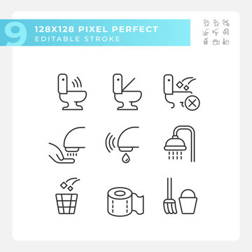 Public toilets service pixel perfect linear icons set. Restrooms using rules. Conveniences for guests. Customizable thin line symbols. Isolated vector outline illustrations. Editable stroke
