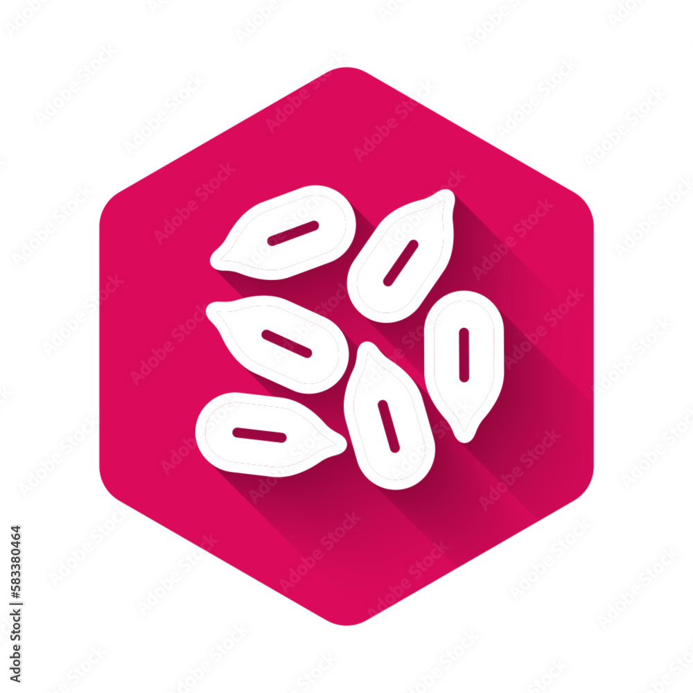 Poster white seeds of a specific plant icon isolated with long shadow background. pink hexagon button. vect