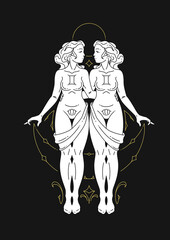 Gemini woman zodiac symbol antique goddess astrology celestial line art deco vector illustration
