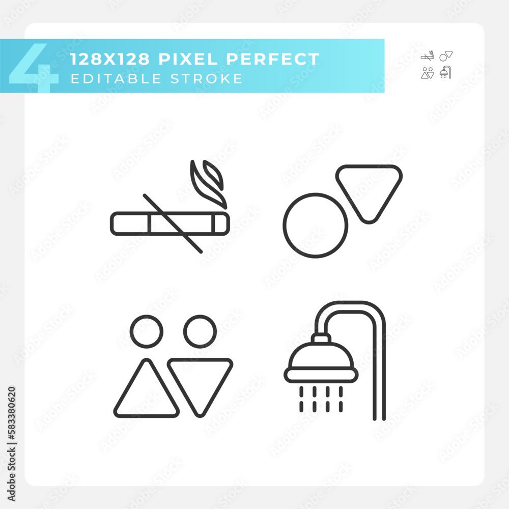 Poster toilet signs and service pixel perfect linear icons set. smoke prohibition in public restroom. marks