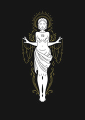Virgo antique woman goddess zodiac astrology celestial mythical line art deco vector illustration