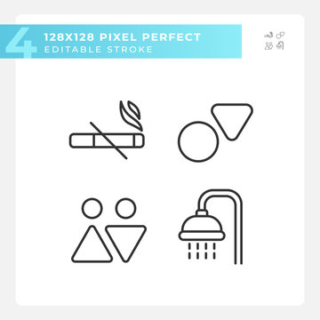 Toilet signs and service pixel perfect linear icons set. Smoke prohibition in public restroom. Marks for WC. Customizable thin line symbols. Isolated vector outline illustrations. Editable stroke