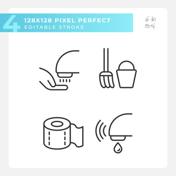 Toilet room equipment pixel perfect linear icons set. Supplies for hygiene. Restroom visitor service. Customizable thin line symbols. Isolated vector outline illustrations. Editable stroke
