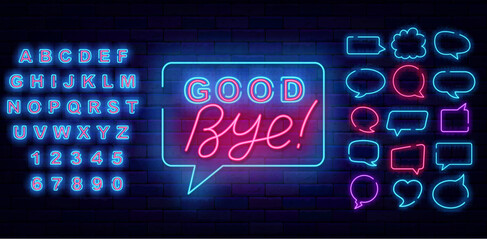 Good bye neon label in think cloud with lettering. Farewell concept. Leaving text. Vector stock illustration
