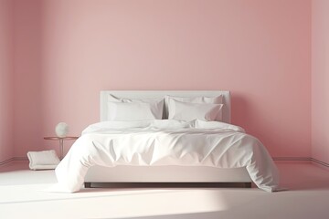 Pink background and white bed model. Generative AI