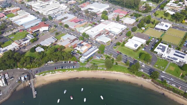 Aerial drone view of Ulladulla in the City of Shoalhaven, NSW, Australia, moving over Ulladulla Harbour 