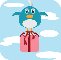 A blue bird in flight with a gift in its paws