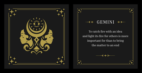 Fototapeta na wymiar Gemini zodiac astrology occult lunar calendar description vintage card design template set vector