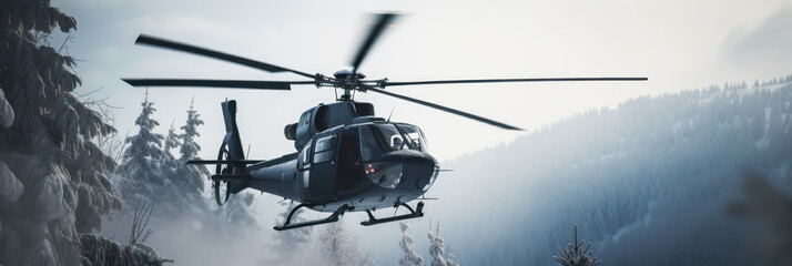 A black helicopter in winter mountains, in a covert, undercover mission.  undercover activity concept. Generative AI based.    - obrazy, fototapety, plakaty