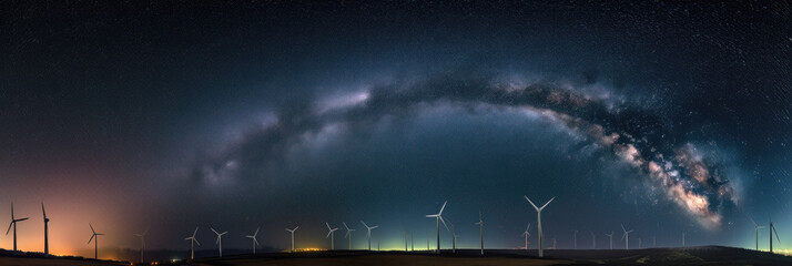 Fototapeta na wymiar A wind farm at night time. Wind turbine generators under a magnificent nebula. Renewable energy, nature, astronomy concept. Generative AI.
