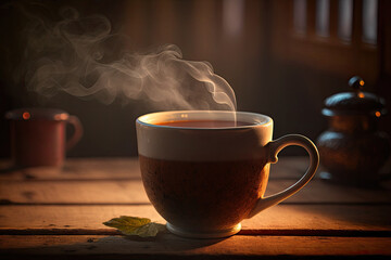 Fototapeta premium A hot cup of tea on wooden table with evening light. Generative AI