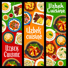 Uzbek cuisine meals banners, food dishes and meals, vector lunch and dinner. Central Asian or Uzbek cuisine dishes of beshbarmak, manti dumplings and lagman soup with vegetable lamb stew or duck kebab