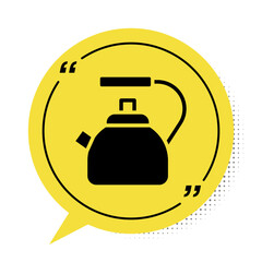 Black Kettle with handle icon isolated on white background. Teapot icon. Yellow speech bubble symbol. Vector