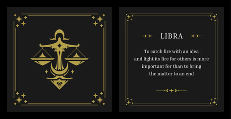 Libra zodiac horoscope fortune description vintage card design template set vector illustration