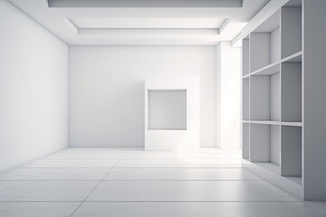 A niche in the center of the wall of the white, empty room. mockup for presentations and commercial tasks. Generative AI