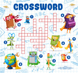 Crossword quiz game, cartoon stationery superhero characters, vector kids worksheet. School backpack and book with eraser and scissors, student pencil and calculator on crossword grid to guess word