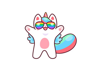 Cartoon cute kawaii caticorn character in rainbow glasses, cat unicorn in sunglasses, vector kids kitty. Cheerful funny caticorn or happy baby kitty unicorn with hug paws in rainbow glasses
