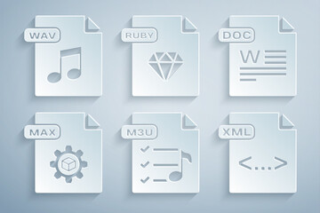 Set M3U file document, DOC, MAX, XML, RUBY and WAV icon. Vector