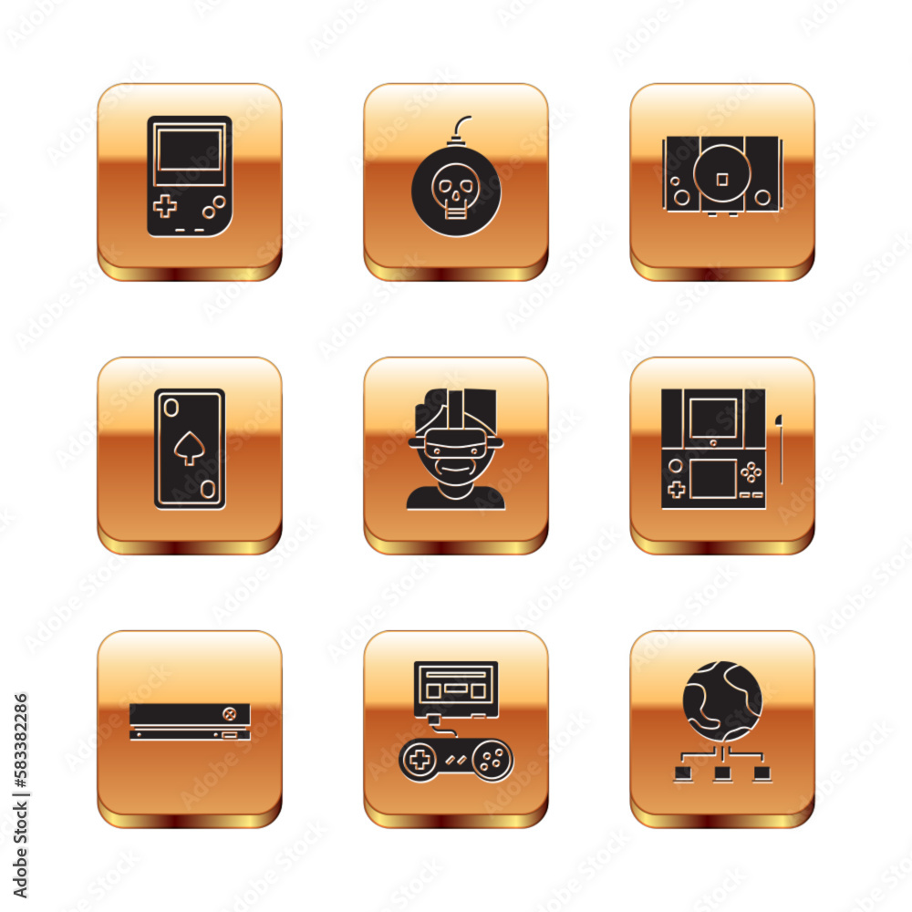 Poster set portable video game console, video, game with joystick, virtual reality glasses, playing card di