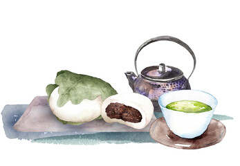柏餅と日本茶セットの水彩画